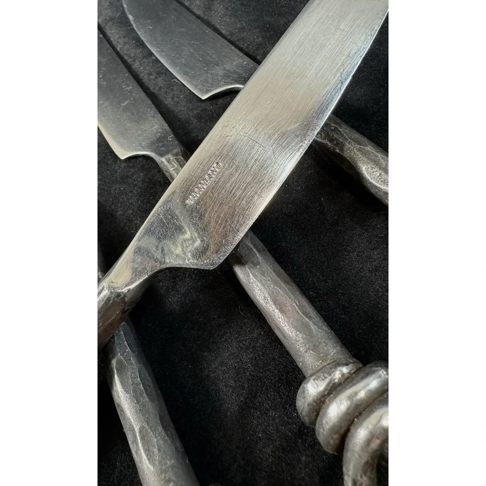 Rustic Hand Forged Black Loop Twist Dinner Knives Set 4 Blacksmith Hammered 9